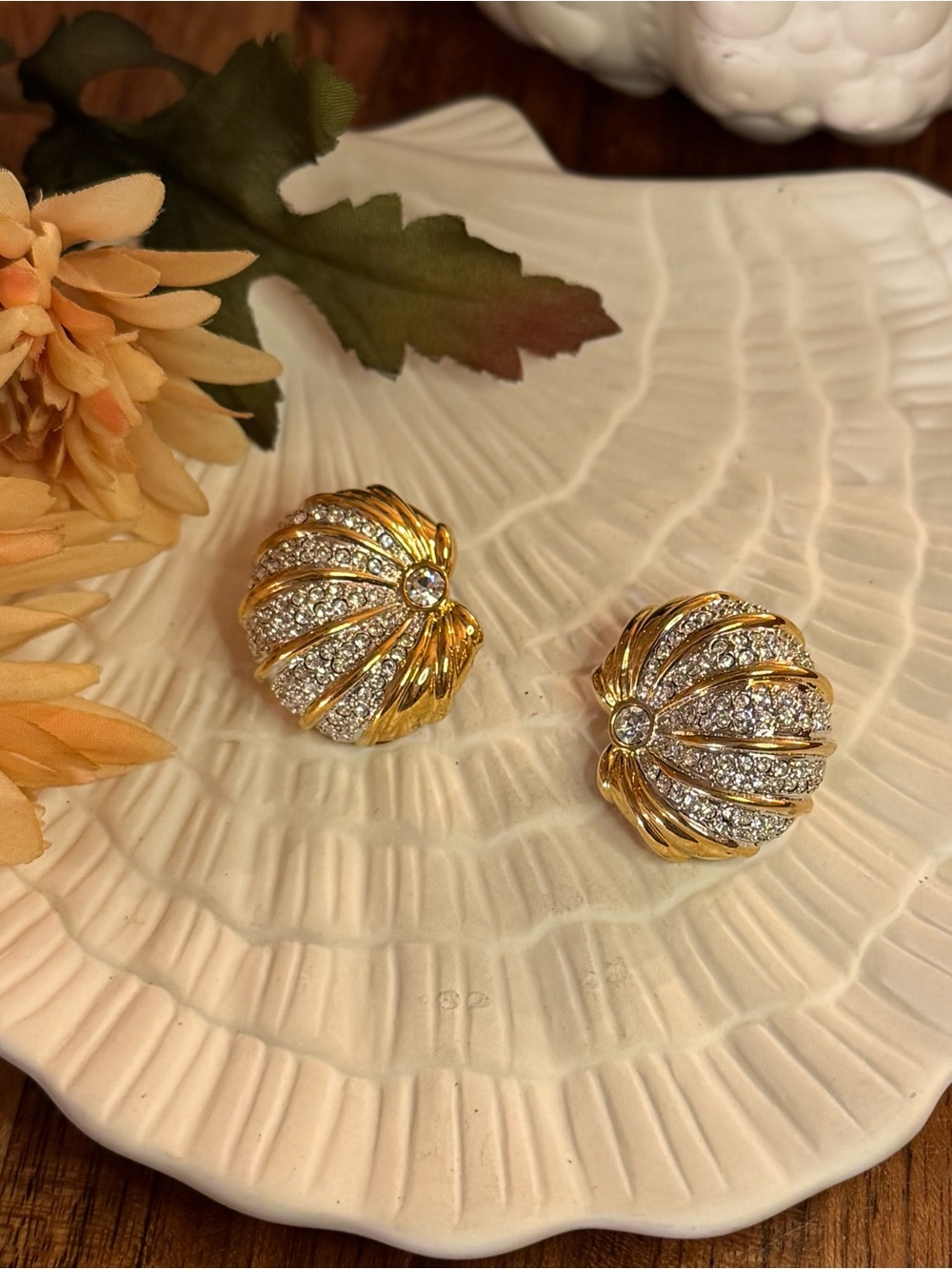 Gold-Tone Nautilus Vintage Crystal Earrings